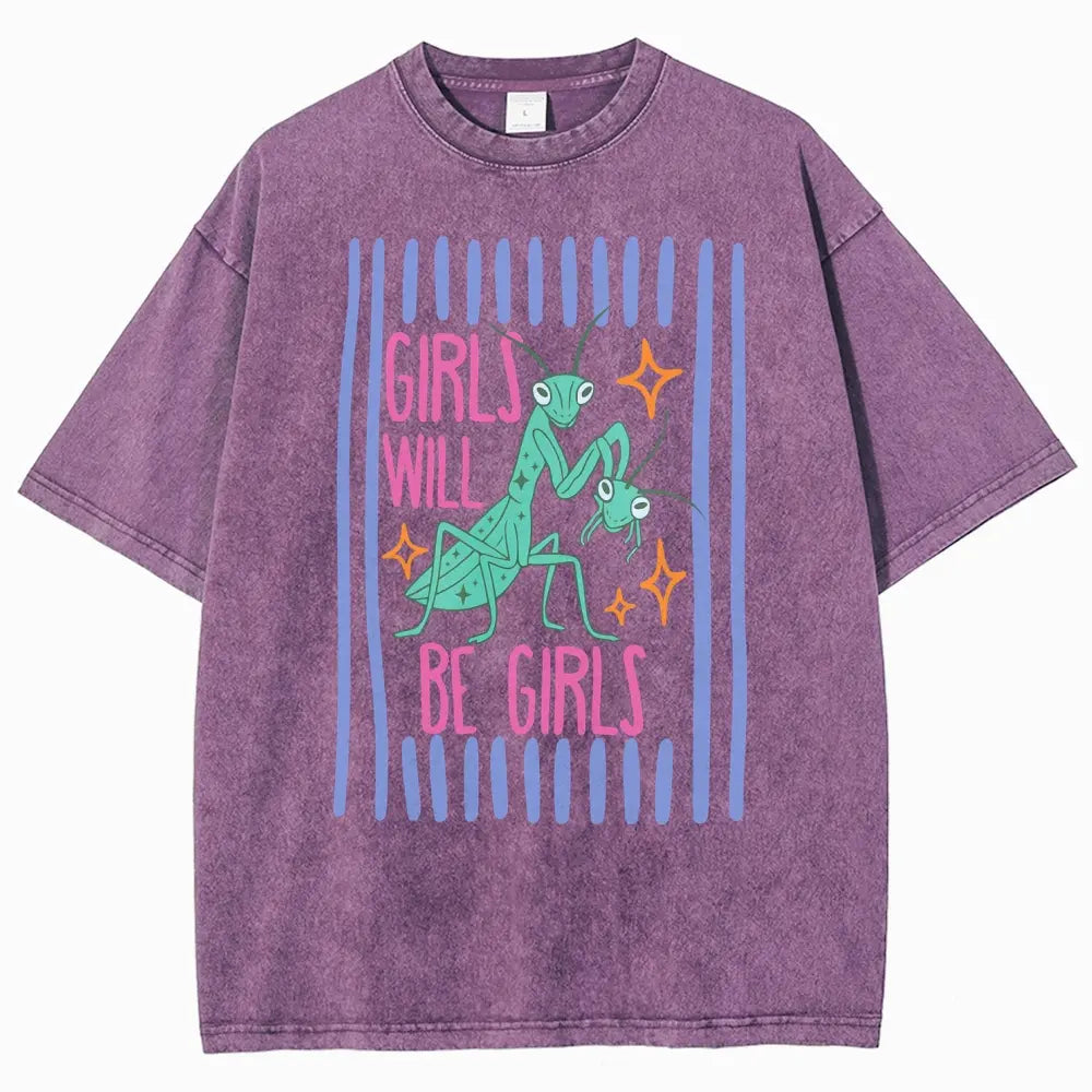 Men's Cotton Casual Unisex Menswear Top - Fitted Round Neck Washed Funny T-Shirt, Girls Will Be Girls Mantis Cartoon Print, Feminist Bug Design, Gift for Insect Lovers - View 13