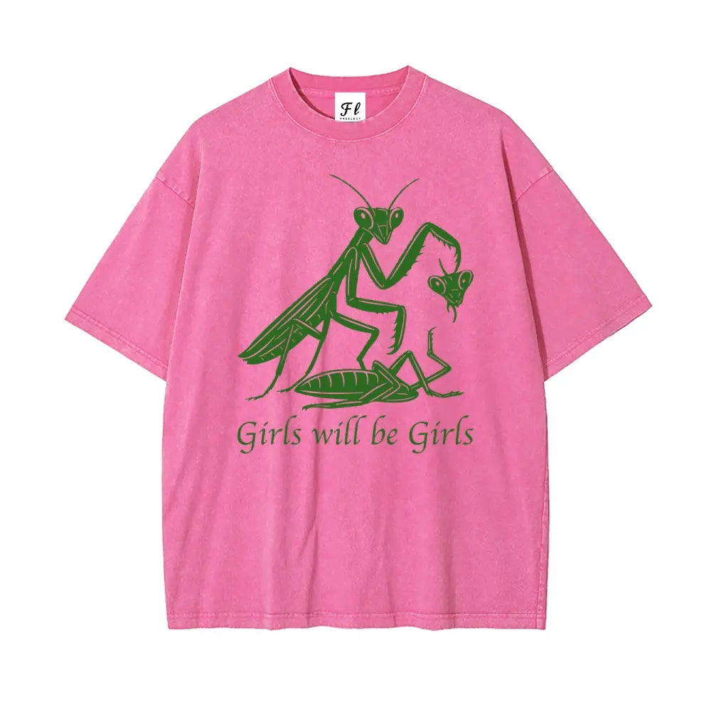 Mens Oversized Casual Graphic Tee - Unisex Vintage Washed 100% Soft Cotton Baggy Loose Top, Round Neck, Short Sleeve, "Girls Will Be Girls" Print, Mensfashion Retro Streetwear T-Shirt - View 4