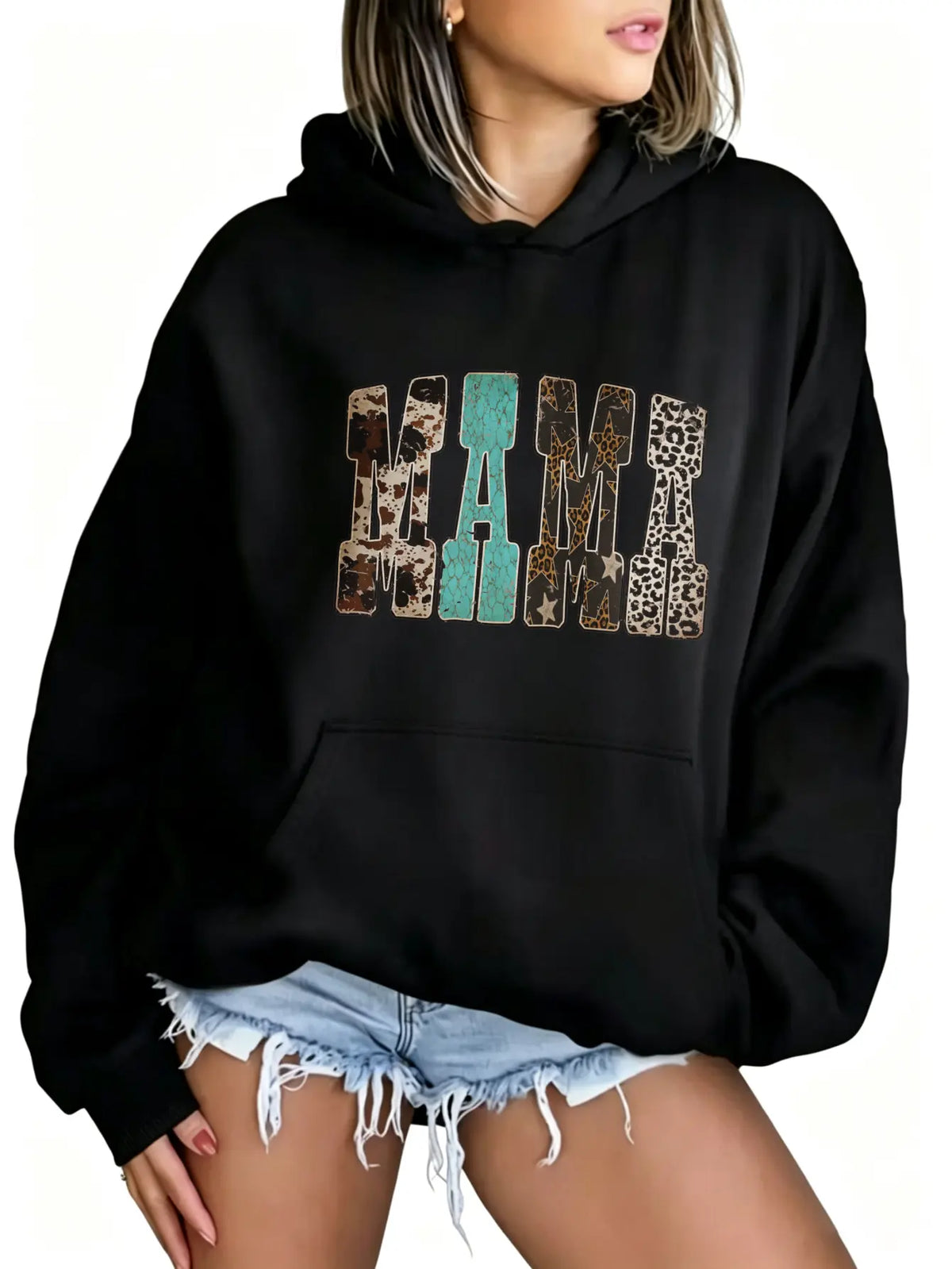 Women's Western Mama Graphic Pullover Hoodie - Cotton Blend, All-Seasons, Casual Vintage, Medium Cut, Country Leopard/Cow Print, Turquoise Letter, Pocketed, Cozy Loose Tops, Winter Outfits, Mother's Day Gift, Women's Clothing, Leopard Stuff - View 3