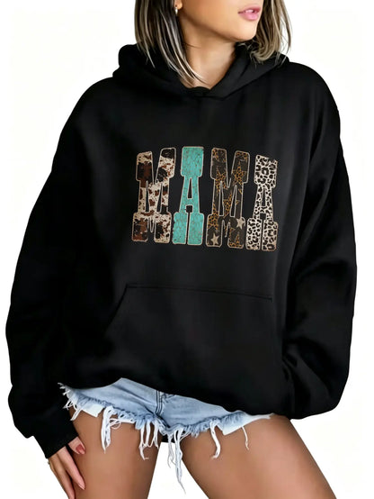 Women's Western Mama Graphic Pullover Hoodie - Cotton Blend, All-Seasons, Casual Vintage, Medium Cut, Country Leopard/Cow Print, Turquoise Letter, Pocketed, Cozy Loose Tops, Winter Outfits, Mother's Day Gift, Women's Clothing, Leopard Stuff - View 3