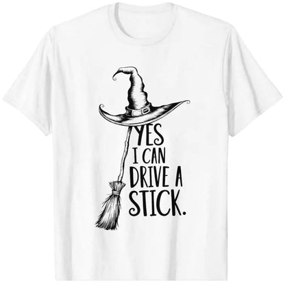 Women's Yes I Can Drive a Stick Witch Graphic T-Shirt, Casual Oversized 100% Cotton Short Sleeve Top for Spring Summer - View 11