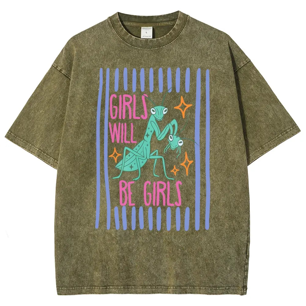 Men's Cotton Casual Unisex Menswear Top - Fitted Round Neck Washed Funny T-Shirt, Girls Will Be Girls Mantis Cartoon Print, Feminist Bug Design, Gift for Insect Lovers - View 17