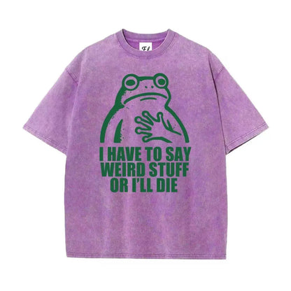"I HAVE TO SAY WEIRD STUFF "Funny Frog Oversized Vintage Graphic T-Shirt, Retro Streetwear Casual Top in Soft Eco-Friendly Washed Stretch Cotton, Fabric - View 4