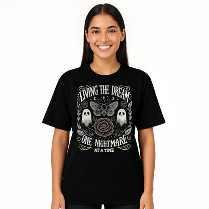 Women's Soft Fabric Vintage-Inspired Streetwear Short-Sleeve T-Shirt - "Living The Dream 1 Nightmare At A Time" Graphic, Loose Casual Chic Everyday Tee, Spring Glow Up, Outdoor Fun, Shortsleeve,summerwins,summeroutfits,vacationoutfits,beachoutfits summerv - View 5