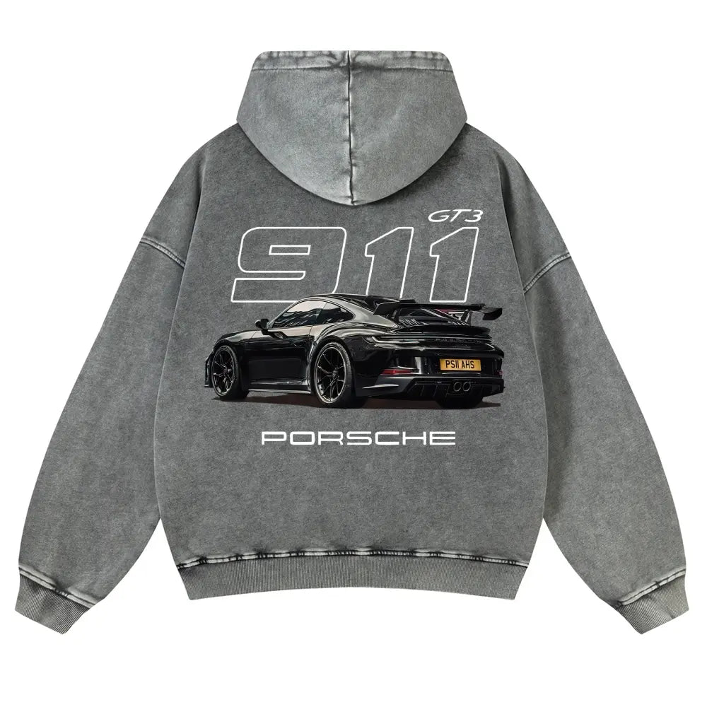 Men's 380g Thick Cotton Hoodie - 911 GT3 Graphic, Vintage Washed, Retro Fade Craft, Long-Sleeves, Unisex Pullover Tops, Soft Fabric, Street Wear Menswear Sweatshirts, Casual Warm - View 8