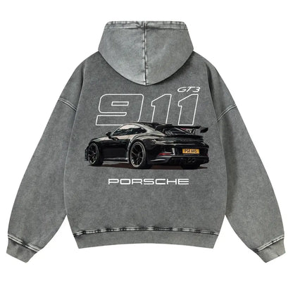 Men's 380g Thick Cotton Hoodie - 911 GT3 Graphic, Vintage Washed, Retro Fade Craft, Long-Sleeves, Unisex Pullover Tops, Soft Fabric, Street Wear Menswear Sweatshirts, Casual Warm - View 8