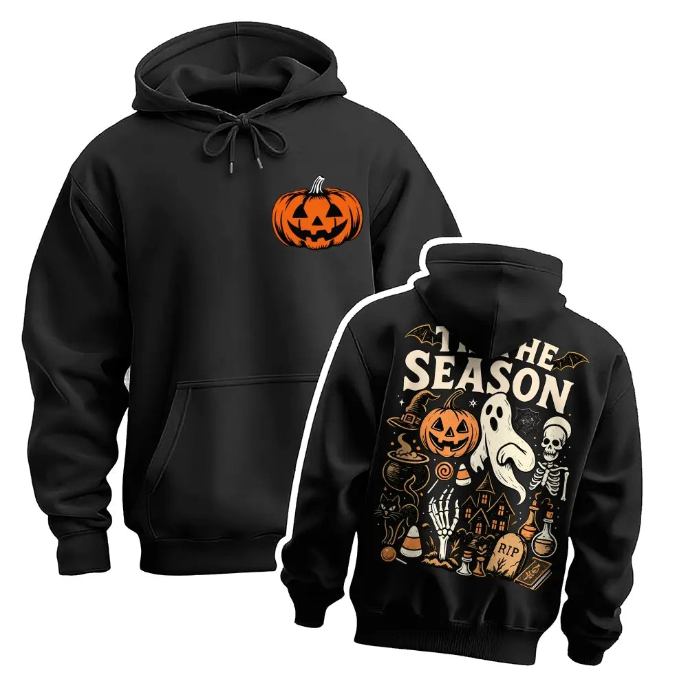 Halloween Spooky Season Graphic Hoodie, Pumpkin Ghost Skeleton Front and Back Print Pullover Sweatshirt, Vintage Horror Long Sleeve Streetwear Hoodie for Halloween Party, Fall and Daily Wear - View 1