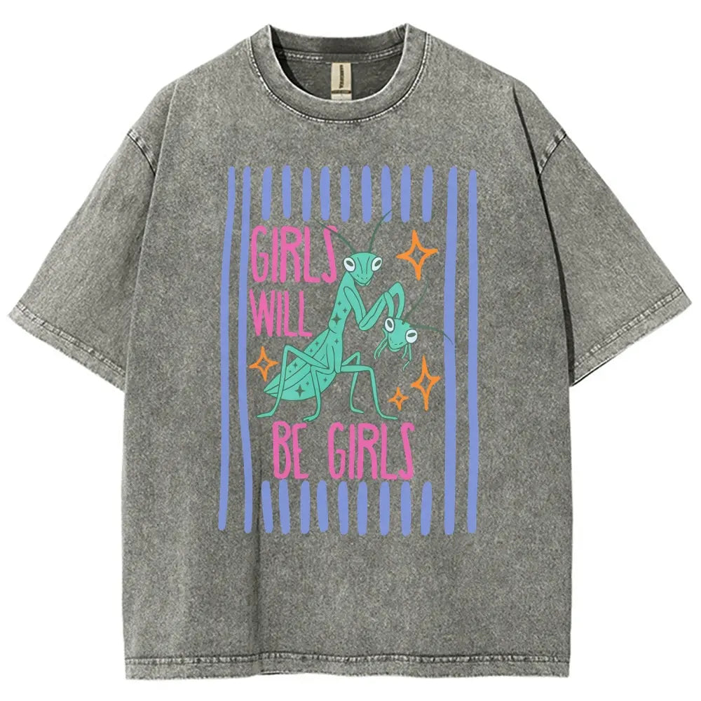 Men's Cotton Casual Unisex Menswear Top - Fitted Round Neck Washed Funny T-Shirt, Girls Will Be Girls Mantis Cartoon Print, Feminist Bug Design, Gift for Insect Lovers - View 3