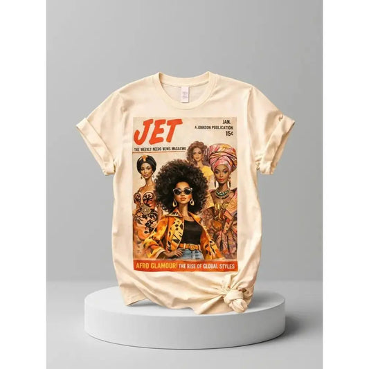 Women's Casual Short-Sleeve Cotton Fabric Fit Afrocentric Vintage Magazine Graphic T-Shirt - Glamour Fall Art Tee Gift - View 1