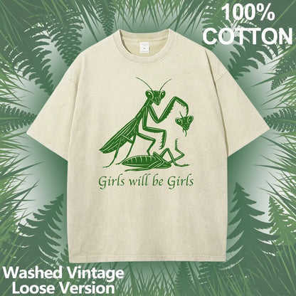 Mens Oversized Casual Graphic Tee - Unisex Vintage Washed 100% Soft Cotton Baggy Loose Top, Round Neck, Short Sleeve, "Girls Will Be Girls" Print, Mensfashion Retro Streetwear T-Shirt - View 1