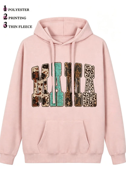 Women's Western Mama Graphic Pullover Hoodie - Cotton Blend, All-Seasons, Casual Vintage, Medium Cut, Country Leopard/Cow Print, Turquoise Letter, Pocketed, Cozy Loose Tops, Winter Outfits, Mother's Day Gift, Women's Clothing, Leopard Stuff - View 9