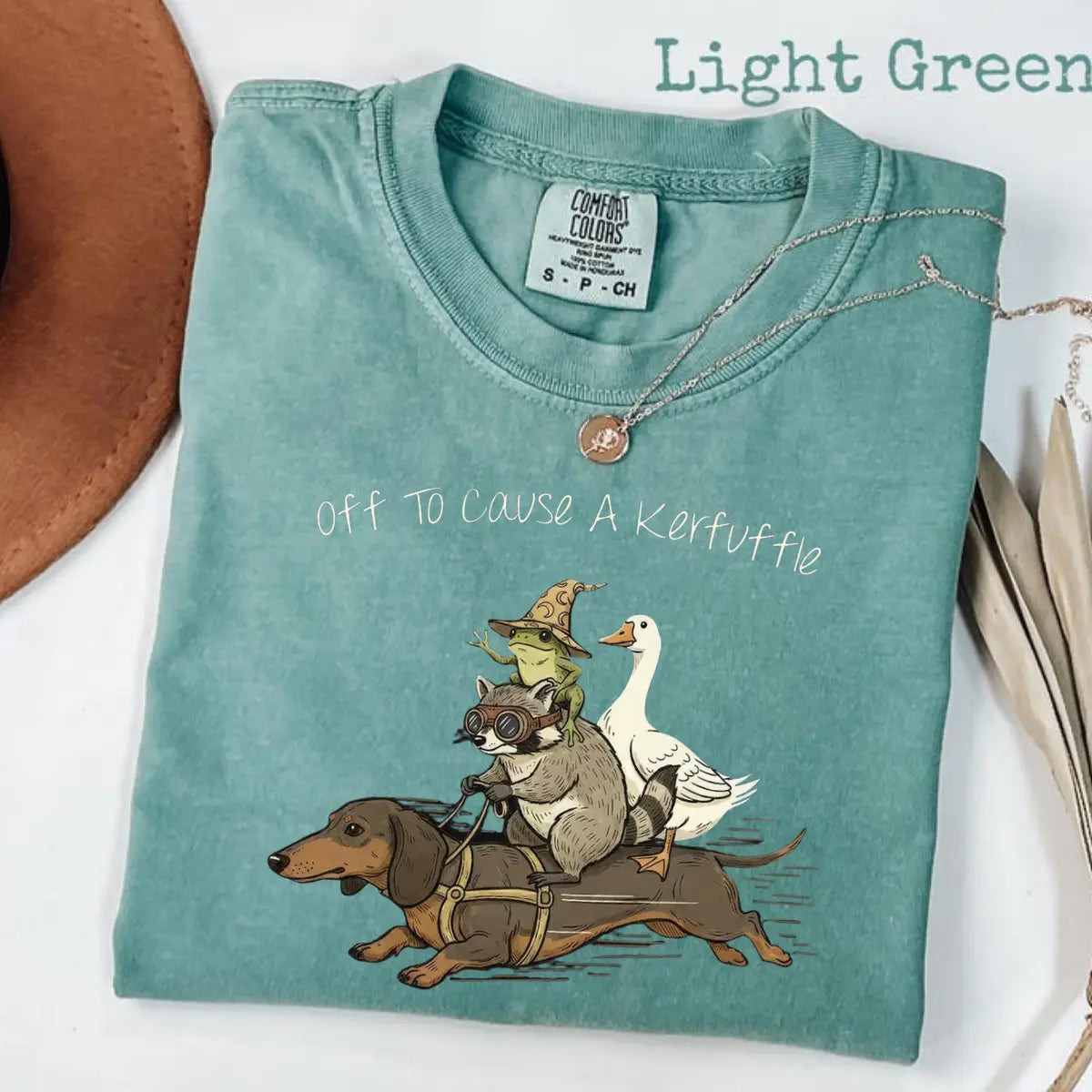 Comfort Colors Off To Cause A Kerfuffle T-Shirt, Funny Dachshund, Frog Meme, Raccoon Tee, Silly Goose, Short Sleeve Unisex T-Shirt - View 2