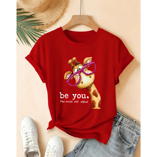 Lady's Unisex Everyday Shortleeve T-Shirt - Cartoon Giraffe with Exaggerated Pink Frame Glasses Print, Crew Neck, Versatile Vintage Fabric Top for Commute, Vacation (Spring/Summer/Fall) #SummerVibes Womenswear, Shortsleeve - View 1