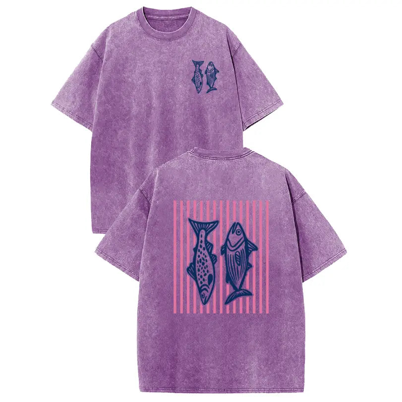 Holafish Pure Cotton Crewneck Acid Washed T-Shirt Retro Acid Wash Pink Striped Dual-Side Fish Graphic Printed Unisex Fashion Tees summervibes Casual Top - View 7