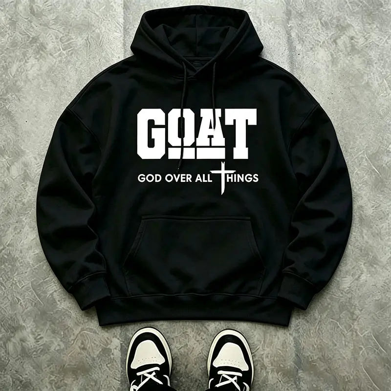 Men’s Stylish Black Hooded Sweatshirt (1 Piece) - Menswear Top, Goat-Inspired Letter Print, Plain Basics, Drop Shoulder Relaxed Fit, Drawstring Hood, Front Kangaroo Pocket, Soft Fabric, American Trend Long-Sleeve Pullover, Joggers Compatible - View 3