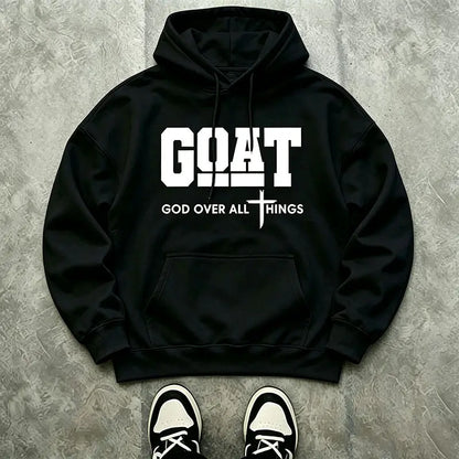 Men’s Stylish Black Hooded Sweatshirt (1 Piece) - Menswear Top, Goat-Inspired Letter Print, Plain Basics, Drop Shoulder Relaxed Fit, Drawstring Hood, Front Kangaroo Pocket, Soft Fabric, American Trend Long-Sleeve Pullover, Joggers Compatible - View 3