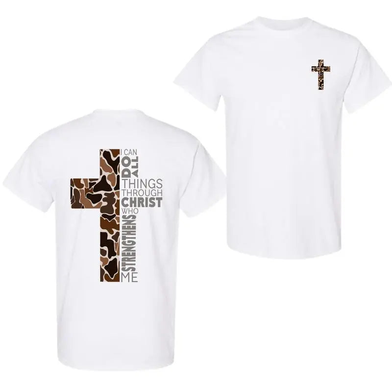 Christian T-Shirt, Camo Cross Design With Philippians 4:13 Verse, Perfect For Faithful Believers And Outdoorsmen - View 1
