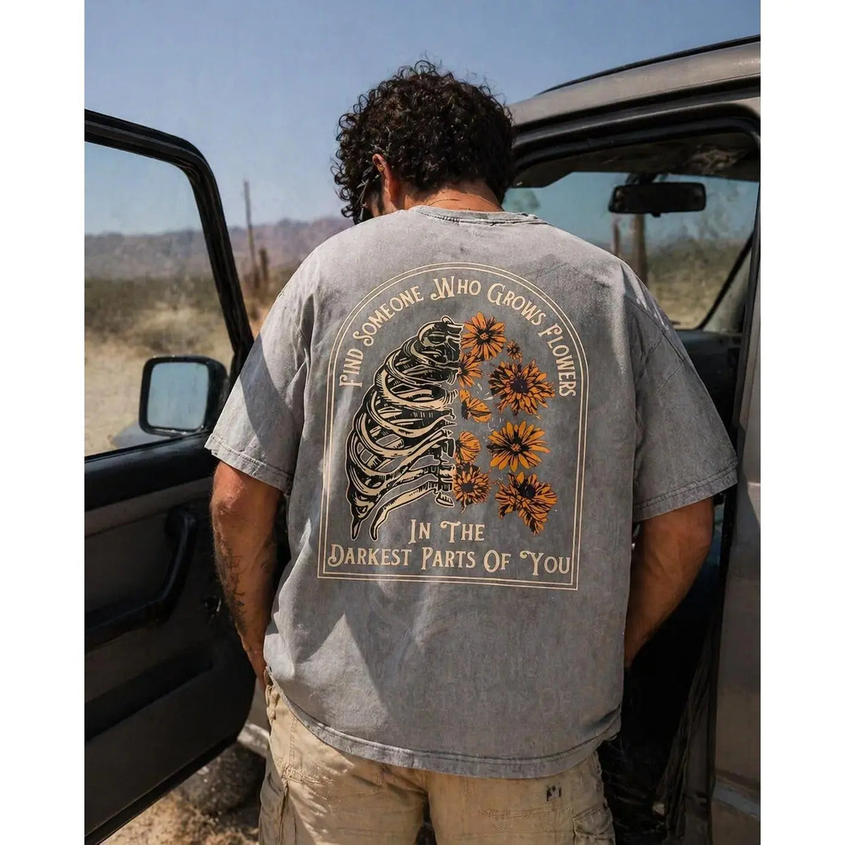 Men's Shortleeve Sunflower Graphic T-Shirt - 230g 100% Soft Washed Cotton, Round Neck, Digital Print, Vivid Color Hold, Casual All-Season Men's Clothing, Graphic Tops - View 6