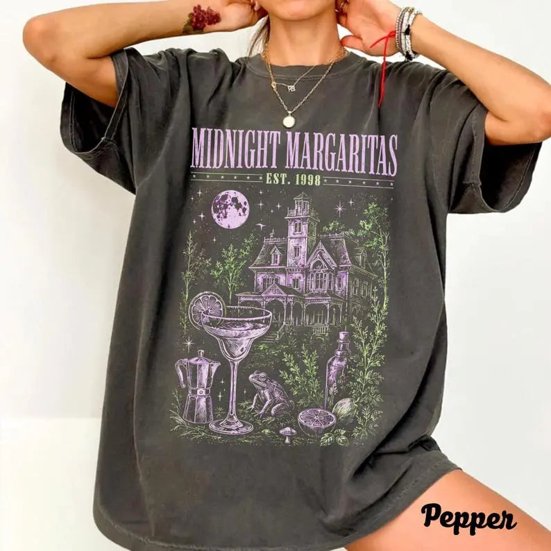 Midnight Margaritas Comfort Colors Shirt, Witchy Cocktail Graphic Tee, Retro Halloween T-Shirt, Spooky Season Fall Apparel, Magical Autumn Gift - View 1