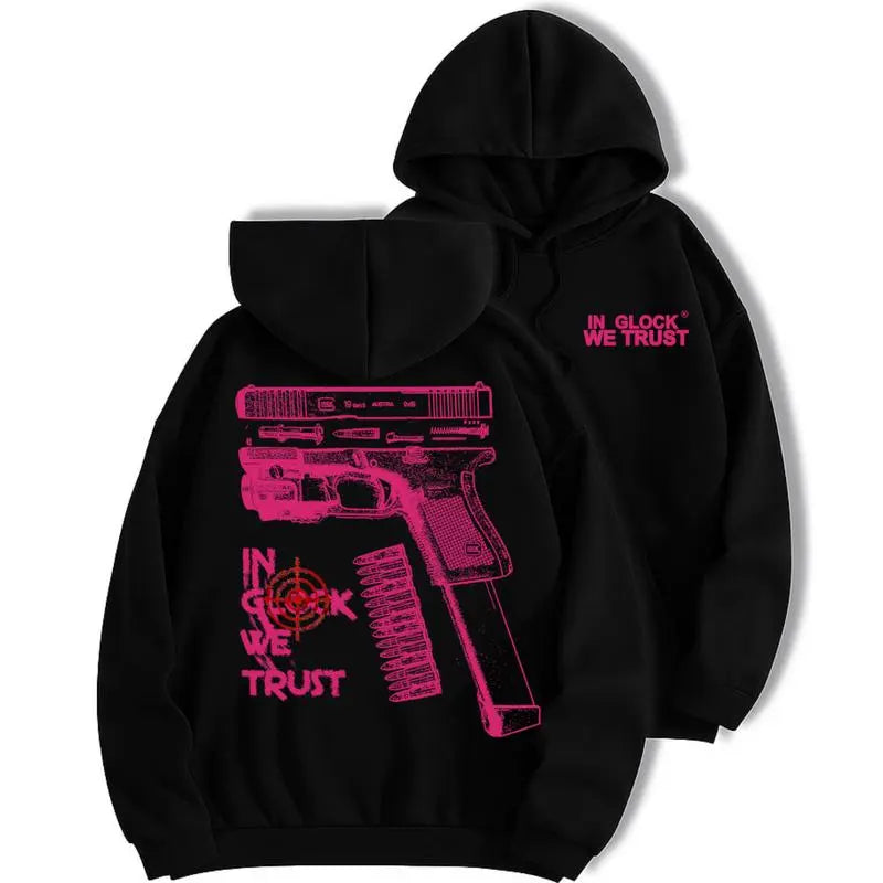 Relaxed Fit Gothic Hoodie with "In Glock We Trust" Witch Graphic, Unisex Fleece Pullover for Couples, Casual Halloween Streetwear, Cotton, M, Party, Tops, Sweatshirts, Menswear, Long Sleeve, New Year, Aesthetics, Thanksgiving - View 3