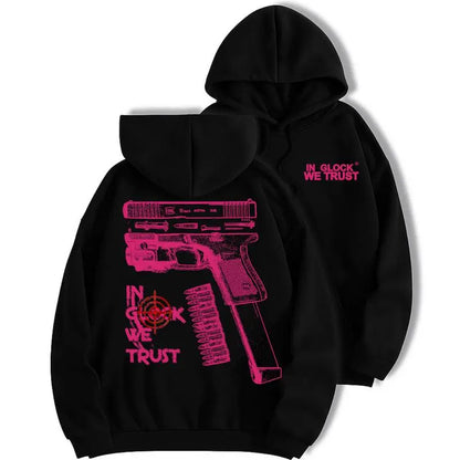 Relaxed Fit Gothic Hoodie with "In Glock We Trust" Witch Graphic, Unisex Fleece Pullover for Couples, Casual Halloween Streetwear, Cotton, M, Party, Tops, Sweatshirts, Menswear, Long Sleeve, New Year, Aesthetics, Thanksgiving - View 3