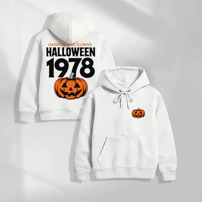 Unisex Vintage Halloween Pumpkin Graphic Hoodie, 1978 Spooky Front and Back Print Pullover Sweatshirt, Casual Oversized Long Sleeve Streetwear Hoodie for Halloween Party, Fall and Daily Wear - View 10