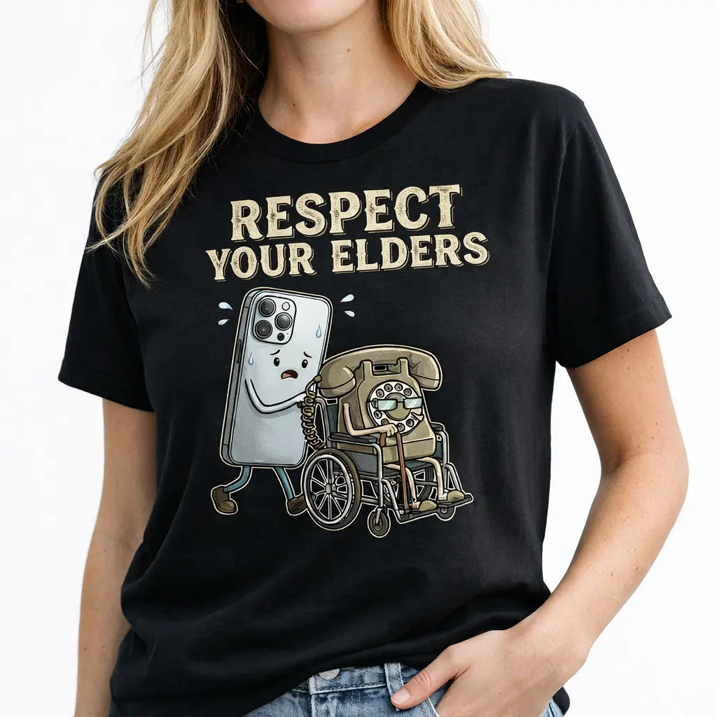 Women's Soft Cotton Short-Sleeve Round Neck Casual Graphic T-Shirt - Vintage Tech Design, "Respect Your Elders" Print, Smartphone-Rotary Phone & Teddy Bear, 404 Screen Joke, Trendy Graphic Shirts, Streetwear for Women, Geek Gift - View 2