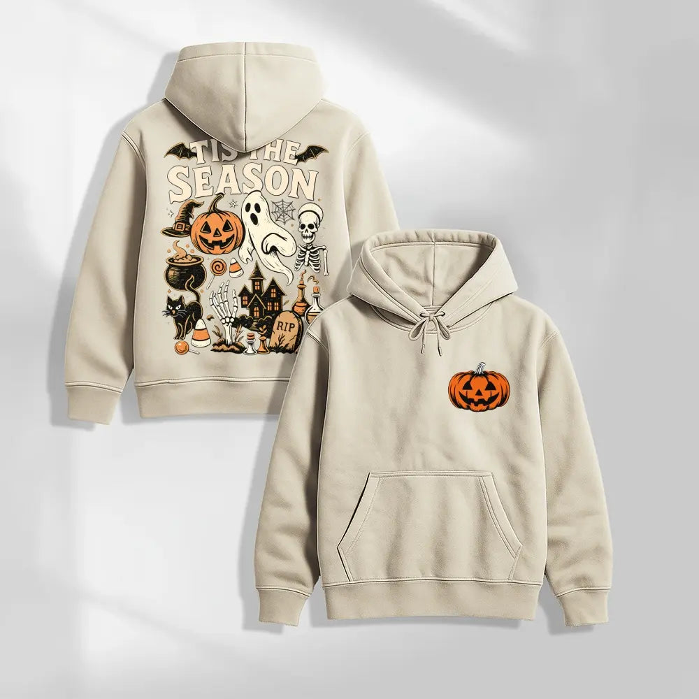 Halloween Spooky Season Graphic Hoodie, Pumpkin Ghost Skeleton Front and Back Print Pullover Sweatshirt, Vintage Horror Long Sleeve Streetwear Hoodie for Halloween Party, Fall and Daily Wear - View 14