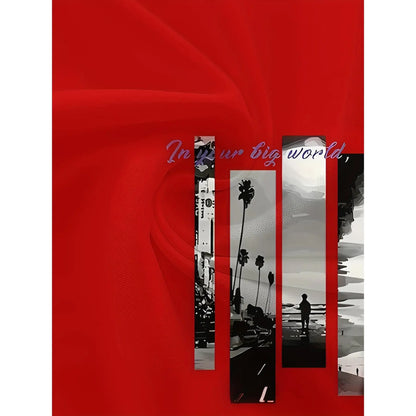 Men's Stylish Red Cotton Print T-Shirt - Stretch Shortsleeve Crew Neck, Comfort Fit Menswear, Casual Streetwear with Palm Tree & "In Your Big World" Design, Smooth Texture Everyday Tee #Summervibes - View 6