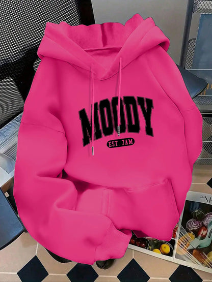 Women's Fashion Hoodie Moody Est 7amk Letter Print Kangaroo Pocket, Casual Long Sleeve Sweatshirt for Fall & Winter, Daily Wear, Casual Hooded Sweatshirts, Everyday - View 11