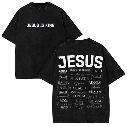 Jesus Is King Christian Graphic T Shirt Acid Wash Oversized Vintage Retro Heavyweight Cotton Tee Names Of God Typography Faithcore Streetwear Y2K Pump Cover Gym Apparel Bible Verse Religion Loose Fit Summer Casual Top Men Women Trendy Fits, Prints, Breath - View 1