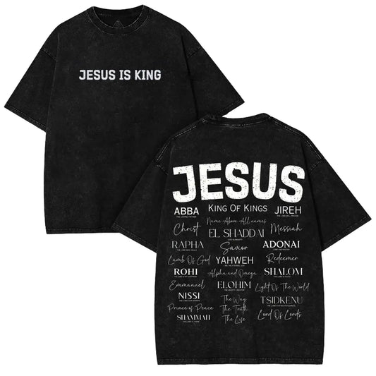 Jesus Is King Christian Graphic T Shirt Acid Wash Oversized Vintage Retro Heavyweight Cotton Tee Names Of God Typography Faithcore Streetwear Y2K Pump Cover Gym Apparel Bible Verse Religion Loose Fit Summer Casual Top Men Women Trendy Fits, Prints, Breath - View 1