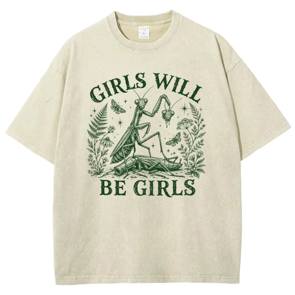 Mens Oversized Casual Graphic Tee - Unisex Vintage Washed 100% Soft Cotton Baggy Loose Top, Round Neck, Short Sleeve, "Girls Will Be Girls" Print, Mensfashion Retro Streetwear T-Shirt - View 10