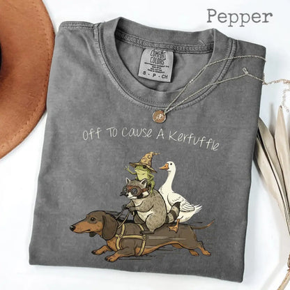 Comfort Colors Off To Cause A Kerfuffle T-Shirt, Funny Dachshund, Frog Meme, Raccoon Tee, Silly Goose, Short Sleeve Unisex T-Shirt - View 3