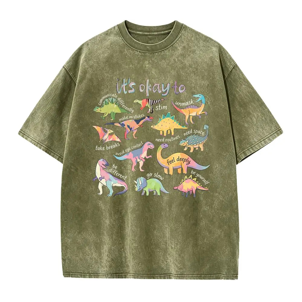 Women's Fitted Short-Sleeve Autism Awareness T-Shirt - Smooth, Seamless Fabric, Vibrant Graphics, "It’s Ok To Be Different" Dinosaur Design, Neurodiversity Gift for SPED Teachers - View 3