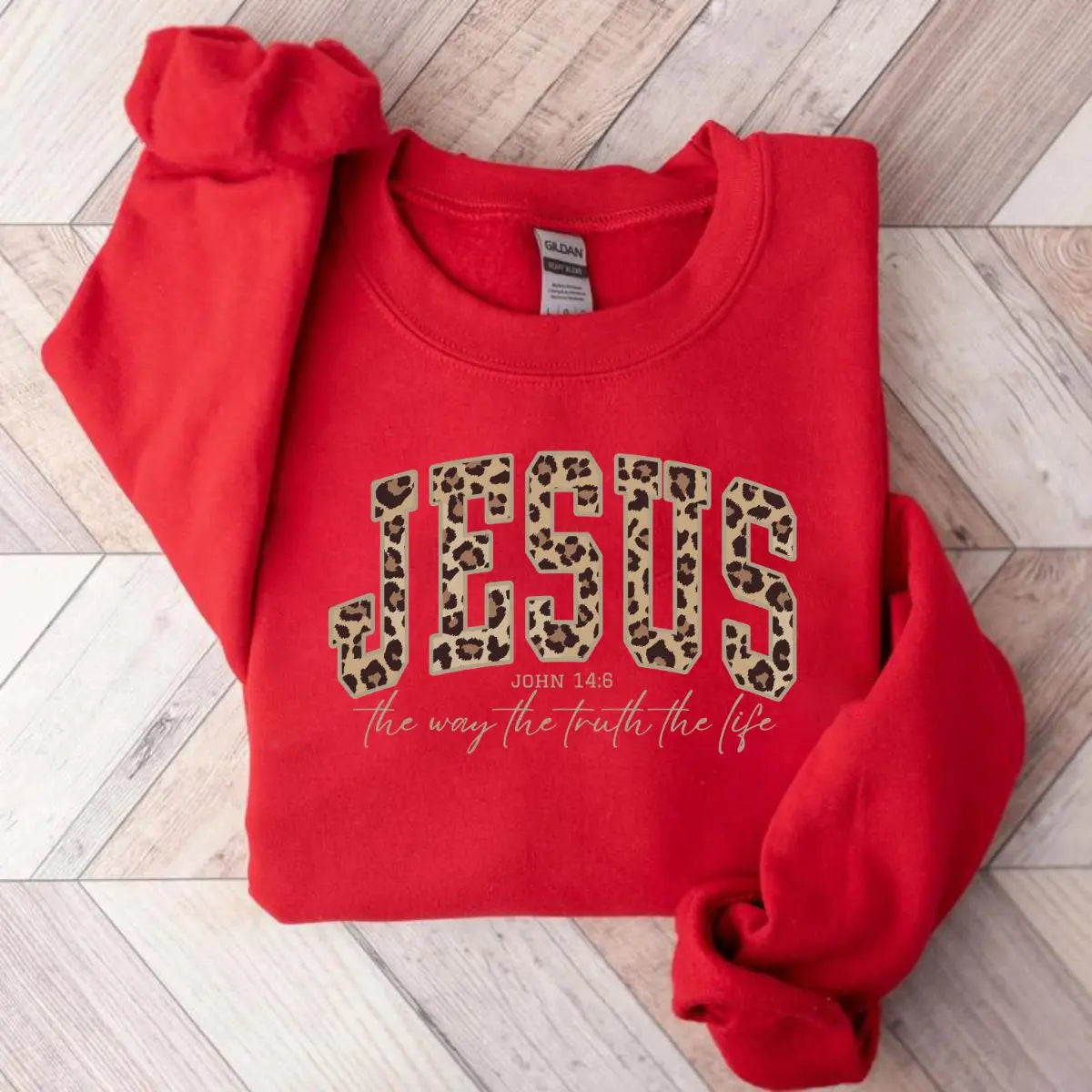 Christian Jesus Leopard Sweatshirt, Cheetah Print Bible Verse , Trendy Faith Apparel Gift, Jesus Loves You, The Way The Truth The Life - View 11