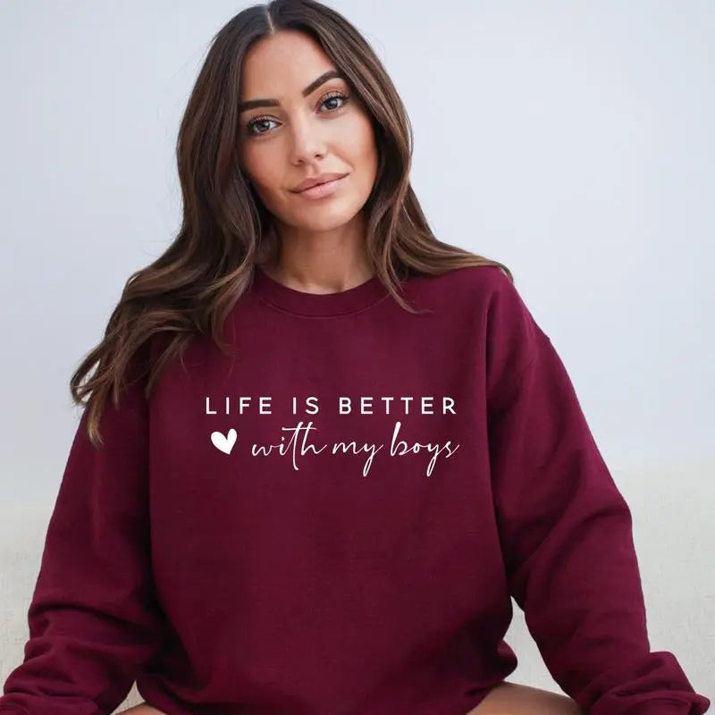 Life Is Better With My Boys Sweatshirt, Cozy Mom of Boys Crewneck Pullover, Cute Boy Mom Gift Idea, Soft Family Quote Sweater for Women, Comfortable Casual Long Sleeve Top for Everyday Wear - AMBER - View 4