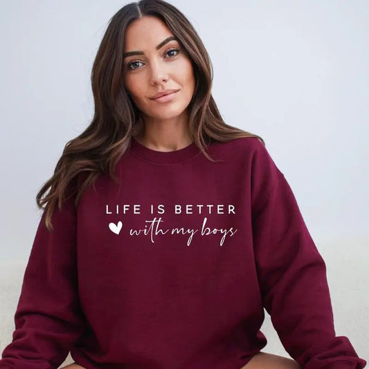 Life Is Better With My Boys Sweatshirt, Cozy Mom of Boys Crewneck Pullover, Cute Boy Mom Gift Idea, Soft Family Quote Sweater for Women, Comfortable Casual Long Sleeve Top for Everyday Wear - AMBER - View 4