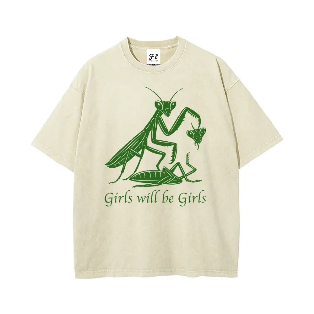 Mens Oversized Casual Graphic Tee - Unisex Vintage Washed 100% Soft Cotton Baggy Loose Top, Round Neck, Short Sleeve, "Girls Will Be Girls" Print, Mensfashion Retro Streetwear T-Shirt - View 3