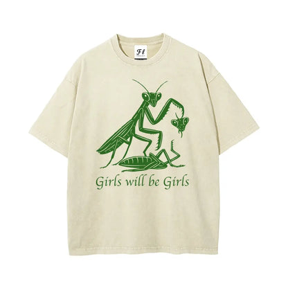 Mens Oversized Casual Graphic Tee - Unisex Vintage Washed 100% Soft Cotton Baggy Loose Top, Round Neck, Short Sleeve, "Girls Will Be Girls" Print, Mensfashion Retro Streetwear T-Shirt - View 3