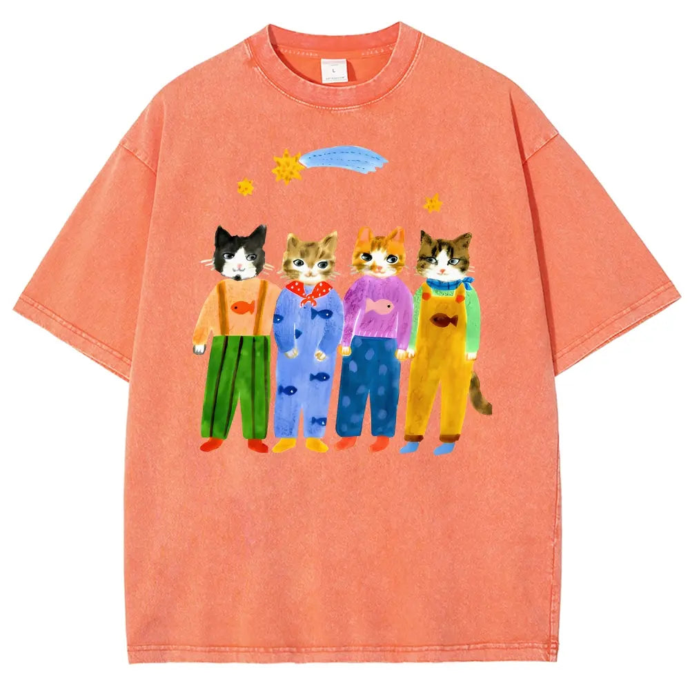 Men's Retro Hand-Painted Funny Cats In Overalls Graphic Vintage 90s Short-Sleeve Round-Neck Unisex Oversized Menswear T-Shirt, Breathable Fabric, Streetwear & Vacation Outfits - View 3