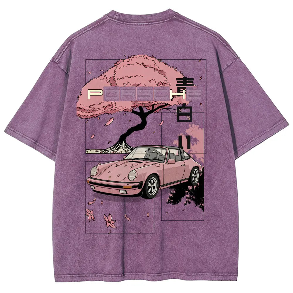 Cherry Blossom Japanese Aesthetic Classic Sports Car Vintage Washed Tee 90s Men's Graphic Tee t Shirts Funny Graphic Tee Good Graphic Tees Graphic Tees Streetwear Outfits Men Vacation Outfits Oversized Tshirt Men - View 4