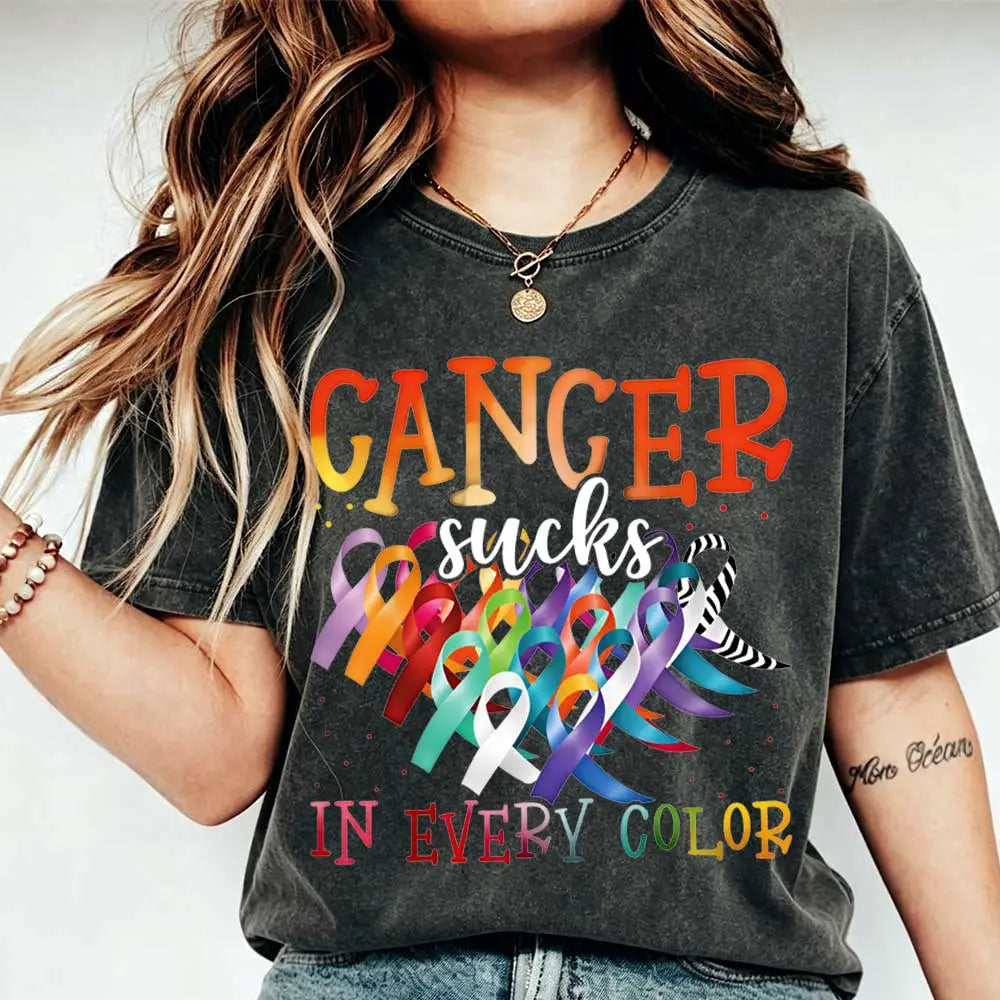 Cancer Sucks In Every Color Ribbon Awareness Print T Shirt Women Casual Short Sleeve Top - View 12