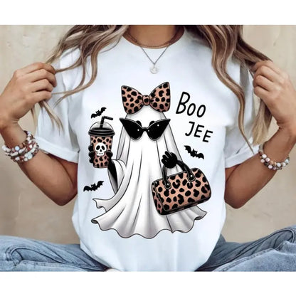 Boo-Jee Ghost Shirt Leopard Ghost Tee Ghost Coffee Shirt Funny Fall Shirt Ghost Tee Girly Halloween Gift Boojee Shirt Check - View 2