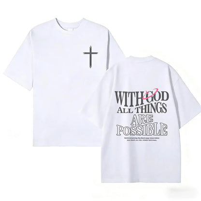 Men's T-shirt 'With God All Things Are Possible' Matthew 26:41 Loose Fit Black with White Lettering Casual Attire High-Quality Fabric for Summer,excellent gifts for Christmas and new year - View 3
