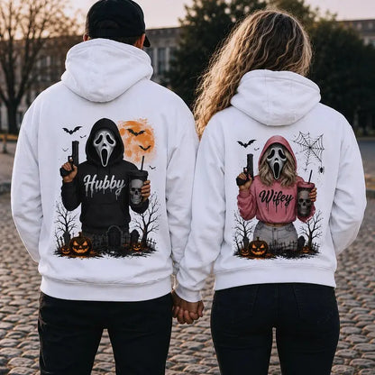 [A piece of clothing]Hubby Wifey Halloween Spooky Season Couple Matching Hoodies Casual Street Style Fleece Fabric Pullover Hooded Sweatshirt Tops Trendy for Women for Men - View 1