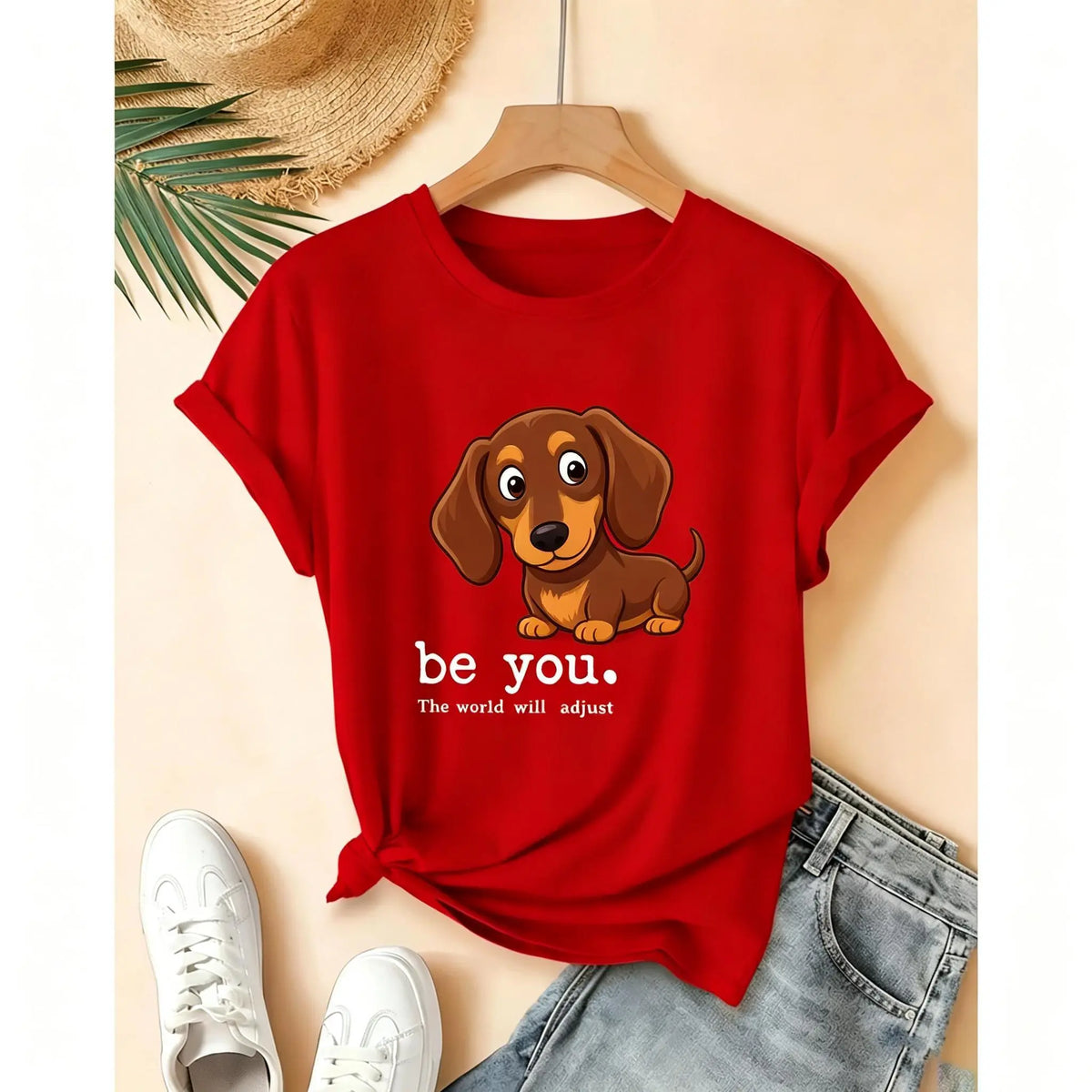 Lady's Unisex Everyday Shortleeve T-Shirt - Cartoon Giraffe with Exaggerated Pink Frame Glasses Print, Crew Neck, Versatile Vintage Fabric Top for Commute, Vacation (Spring/Summer/Fall) #SummerVibes Womenswear, Shortsleeve - View 12
