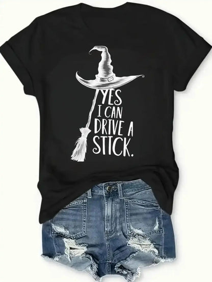 Women's Yes I Can Drive a Stick Witch Graphic T-Shirt, Casual Oversized 100% Cotton Short Sleeve Top for Spring Summer - View 1