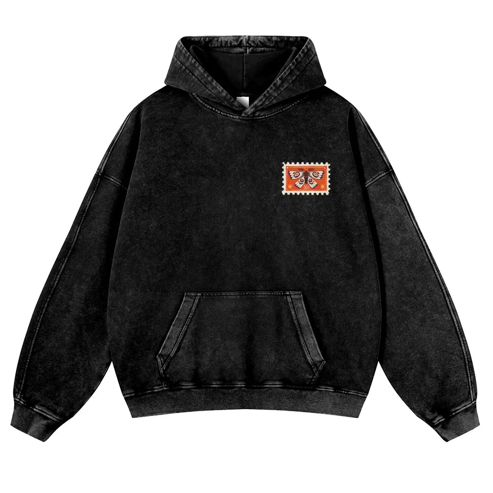 Unisex 380g Washed Brown Vintage Insect Stamp Print Cotton Pullover Hoodie - Soft, Oversize, Casual Longsleeves Tops, Vintage Clothing, 3XL Menswear Autumn Apparel, Cold Wash Compatible - View 10