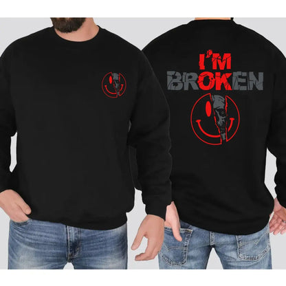 Unisex Cotton Graphic Round Neck Sweatshirt - 2-Sided 'I'm Broken' Smile Face Digital Print, Loose-Fitting T-Shirt, Long Sleeve Sporty Chic Garment, Customized All-Season Casual Streetwear, Machine Washable - View 4